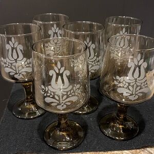 Vintage Pfaltzgraff Village Brown Etched Glass Goblets Set of 6